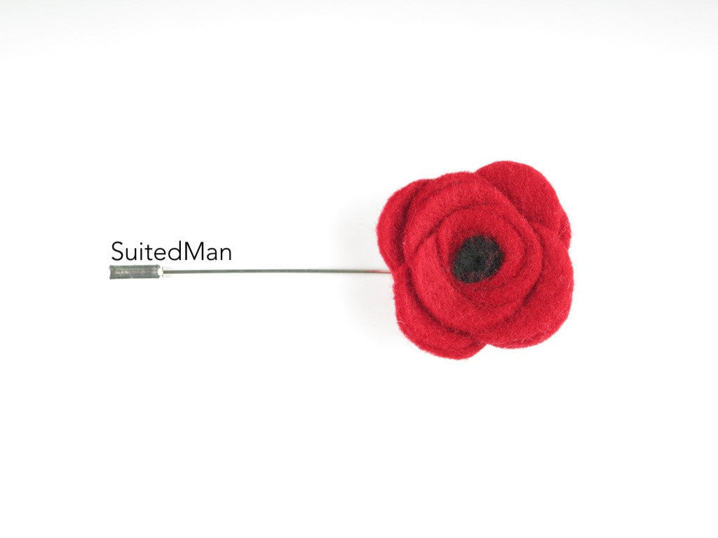 Pin Lapel Flower, Felt, Red/Black Poppy - SuitedMan