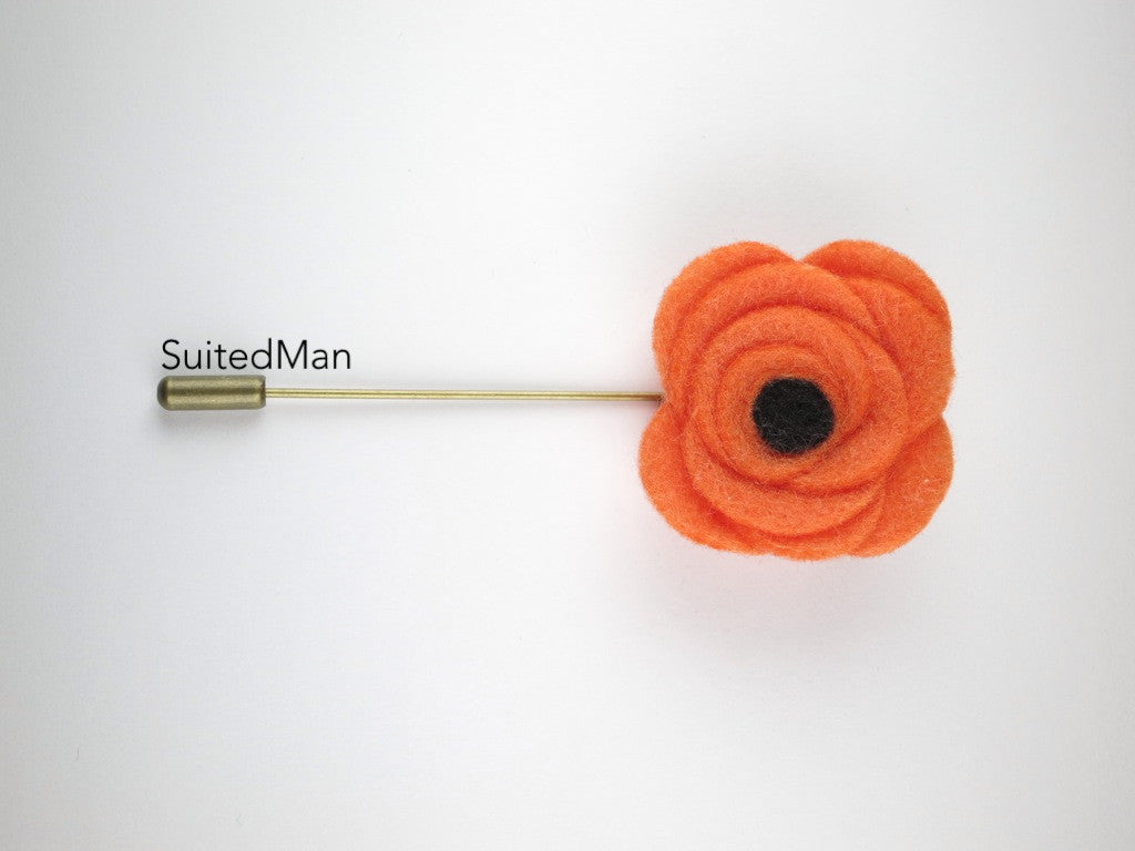 Pin Lapel Flower, Felt, Tangerine/Black Poppy - SuitedMan