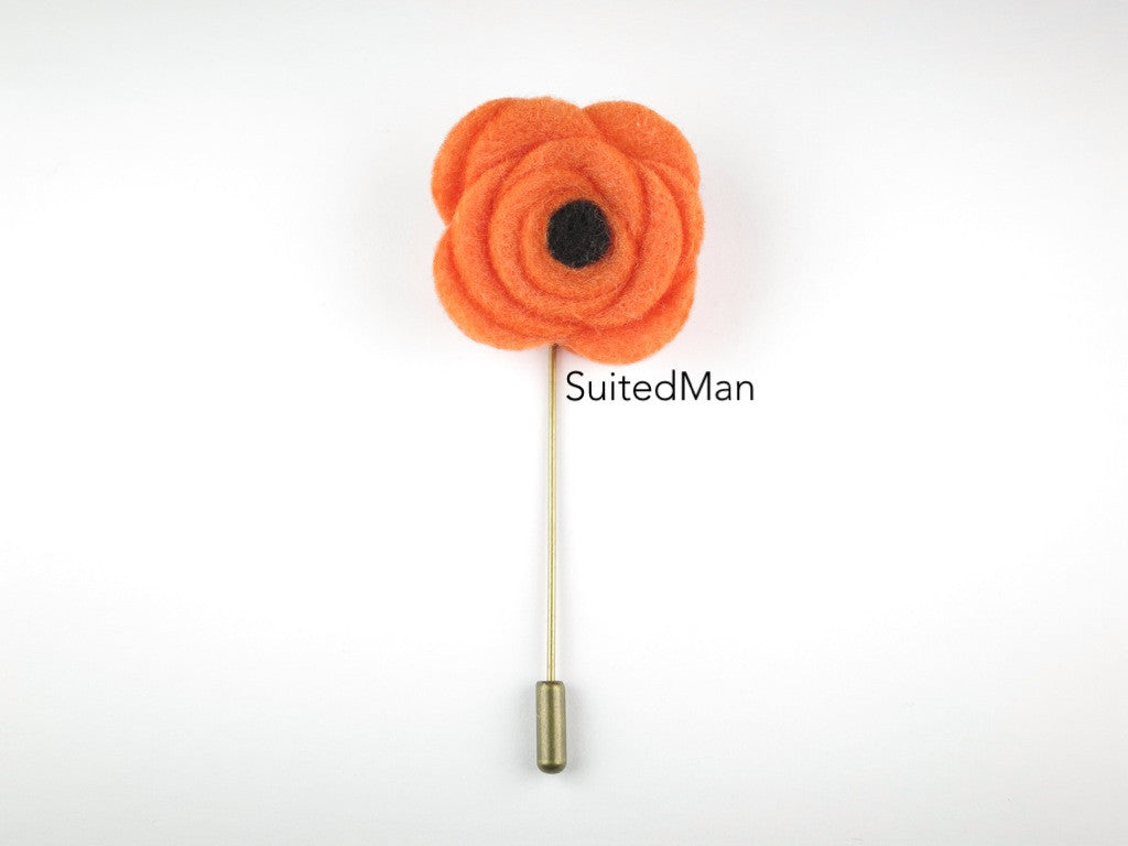 Pin Lapel Flower, Felt, Tangerine/Black Poppy - SuitedMan