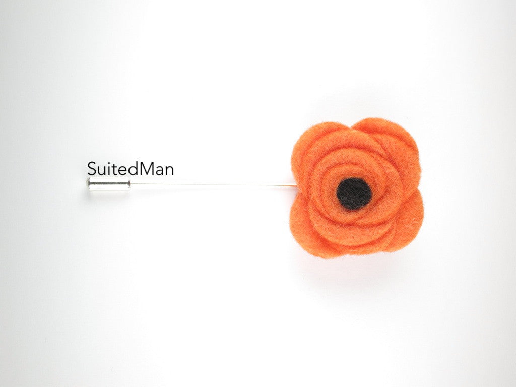 Pin Lapel Flower, Felt, Tangerine/Black Poppy - SuitedMan