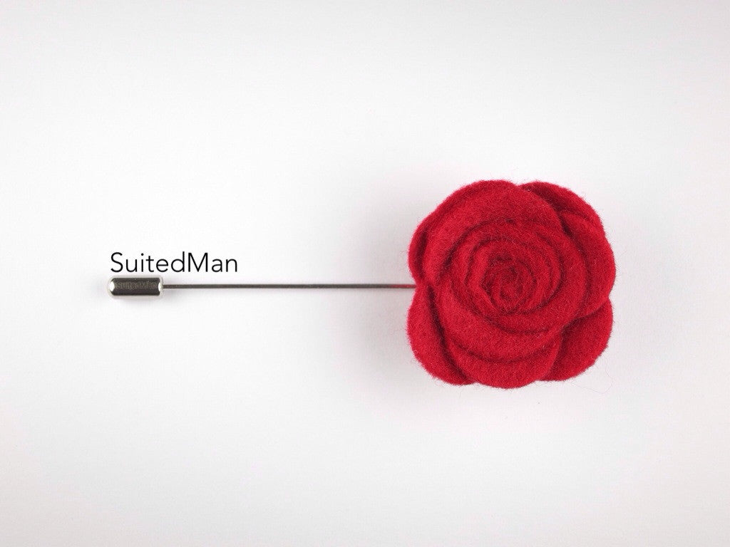 Pin Lapel Flower, Felt, Rose, Red - SuitedMan