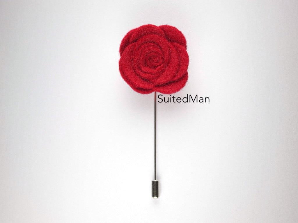 Pin Lapel Flower, Felt, Rose, Red - SuitedMan