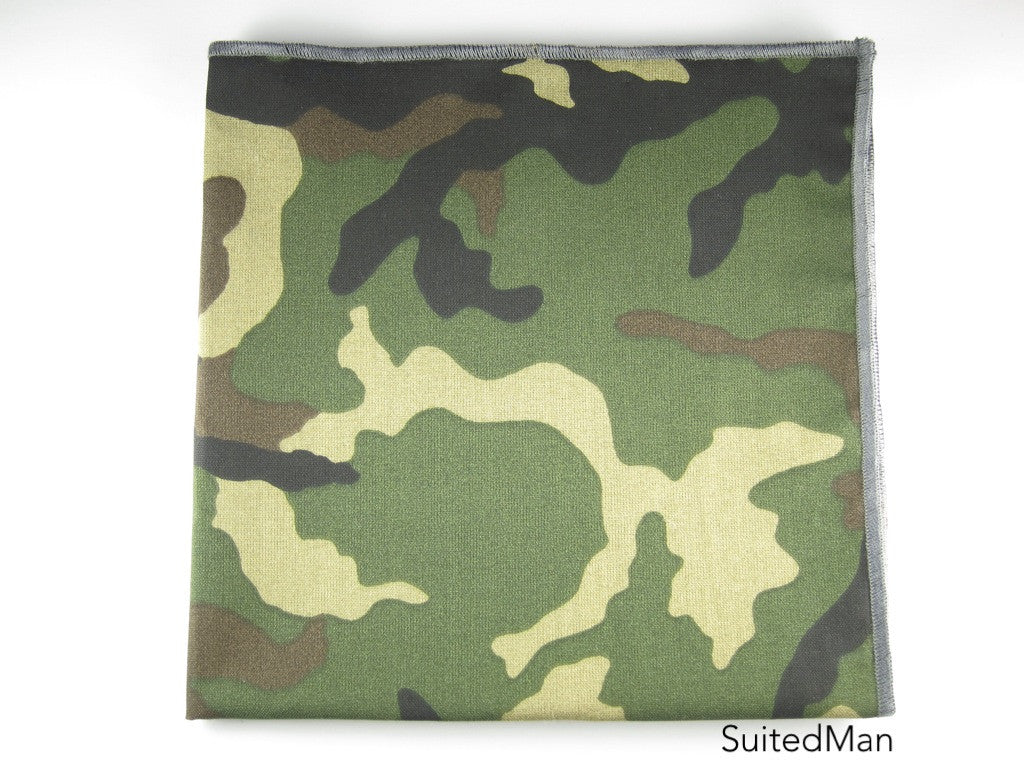 Pocket Square, Dark Camo with Grey Embroidered Edge - SuitedMan