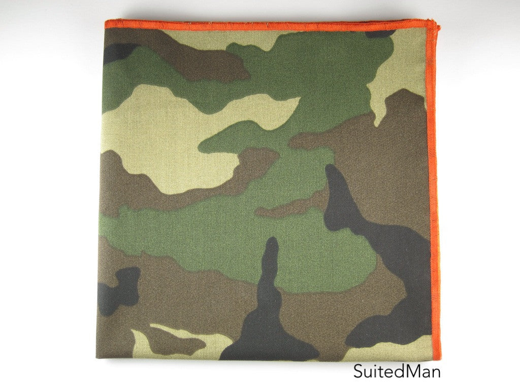 Pocket Square, Dark Camo with Tangerine Embroidered Edge - SuitedMan