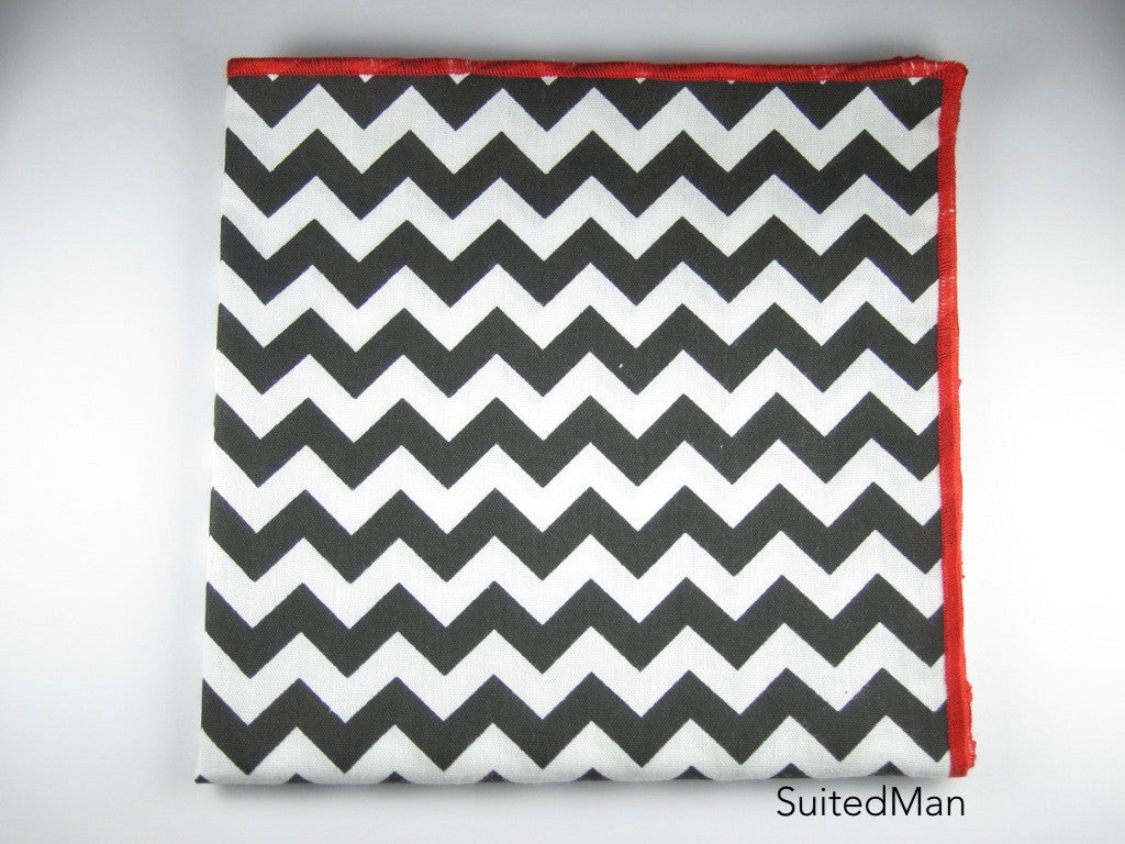Pocket Square, Chevron, Black with Red Embroidered Edge - SuitedMan