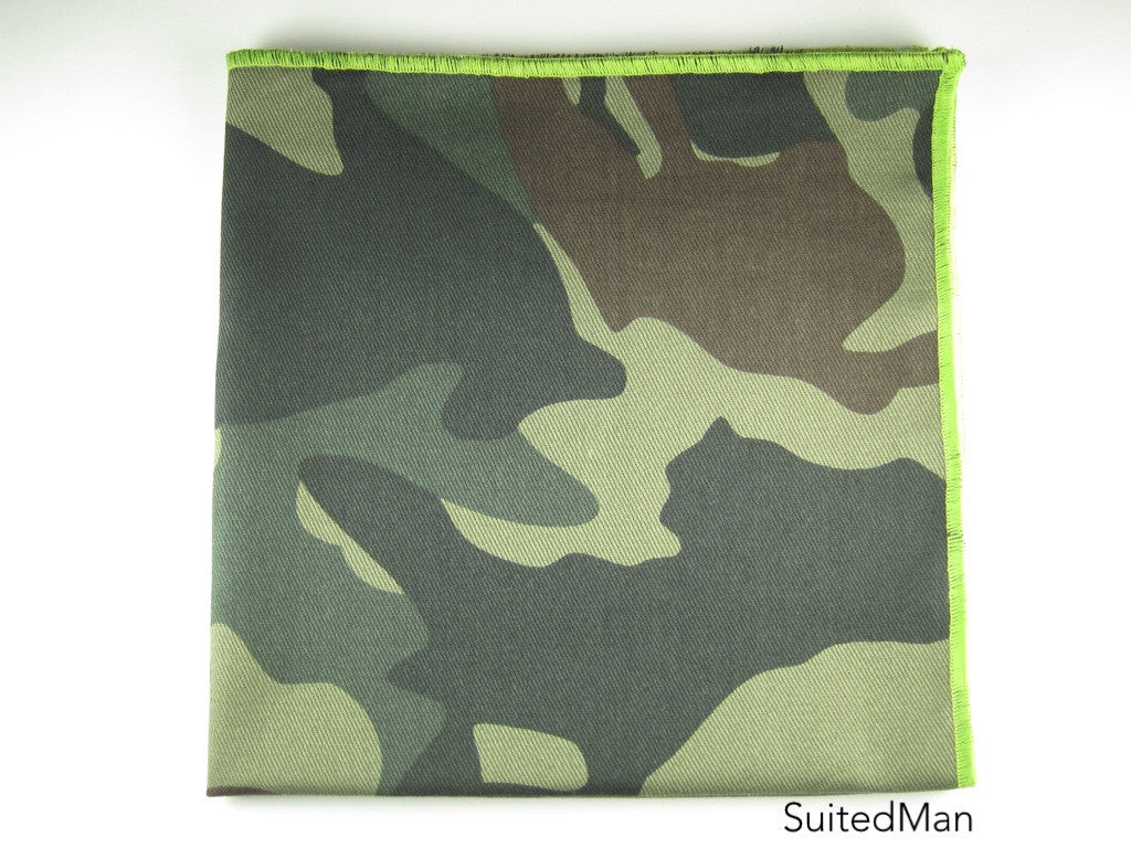 Pocket Square, Light Camo with Green Embroidered Edge - SuitedMan