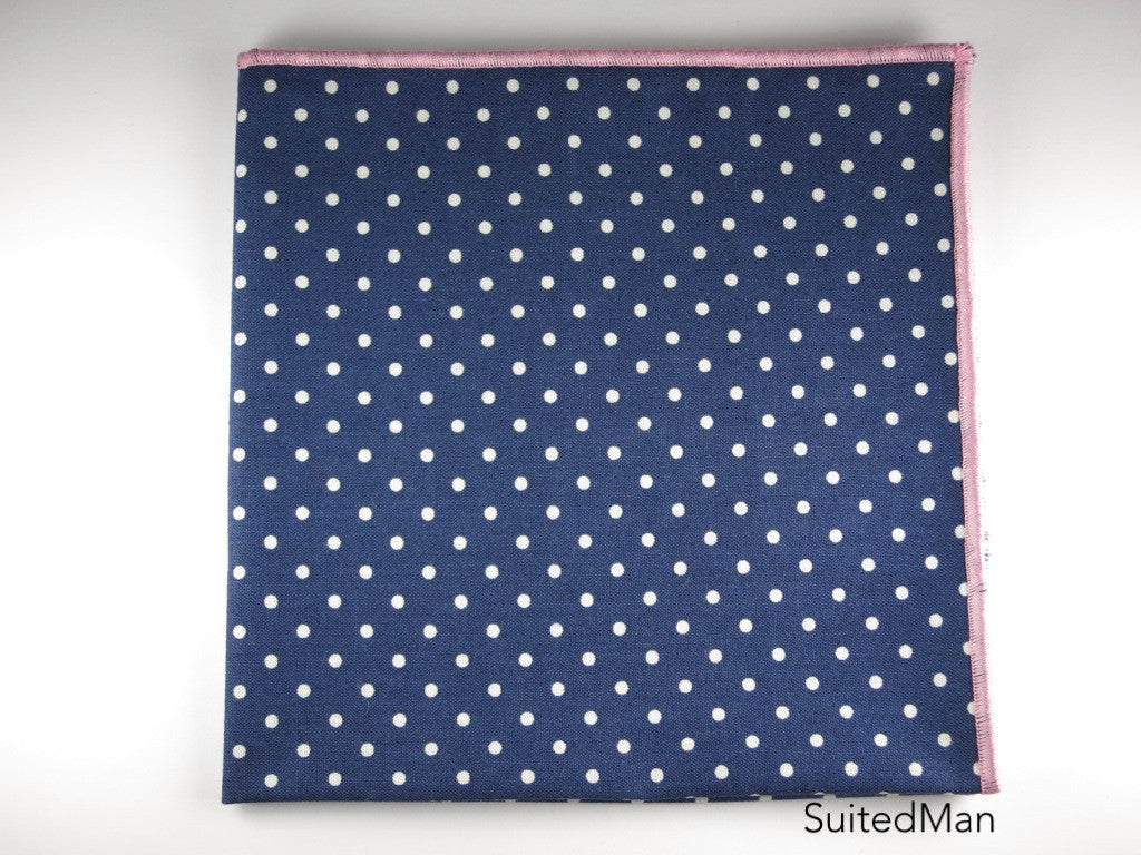 Pocket Square, Polka Dots, Navy/White with Pink Edge - SuitedMan