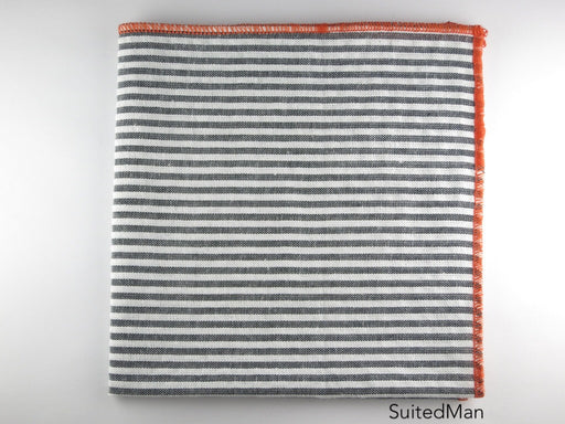 Pocket Square, Seersucker, Stripes, Gray/Tangerine - SuitedMan