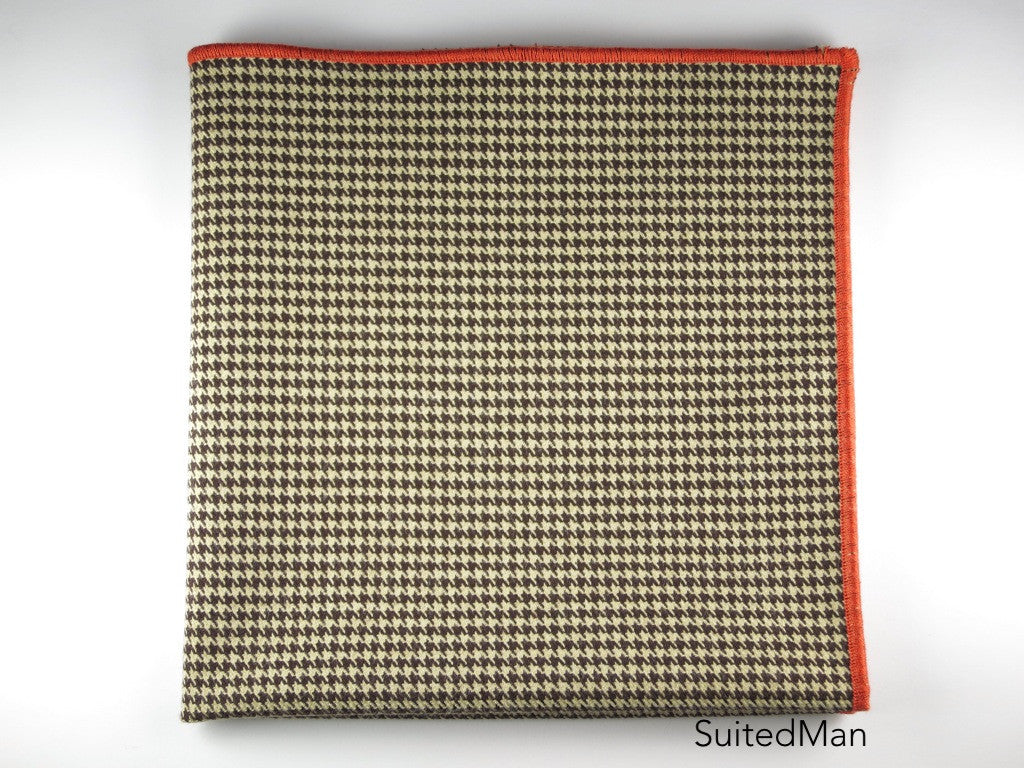 Pocket Square, Houndstooth, Brown with Tangerine Embroidered Edge - SuitedMan