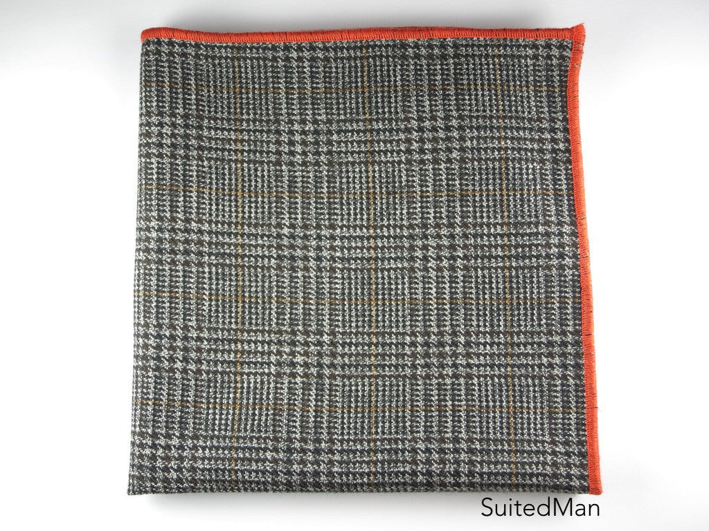 Pocket Square, Plaid, Black/Tan with Tangerine Embroidered Edge - SuitedMan