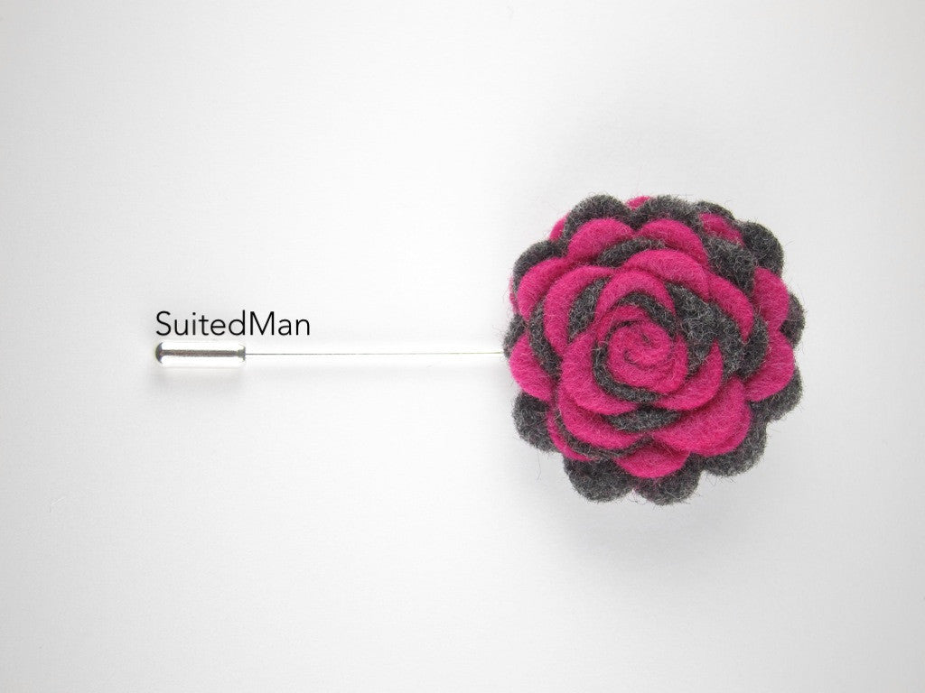 Pin Lapel Flower, Felt, Colorway, Magenta/Dark Grey - SuitedMan