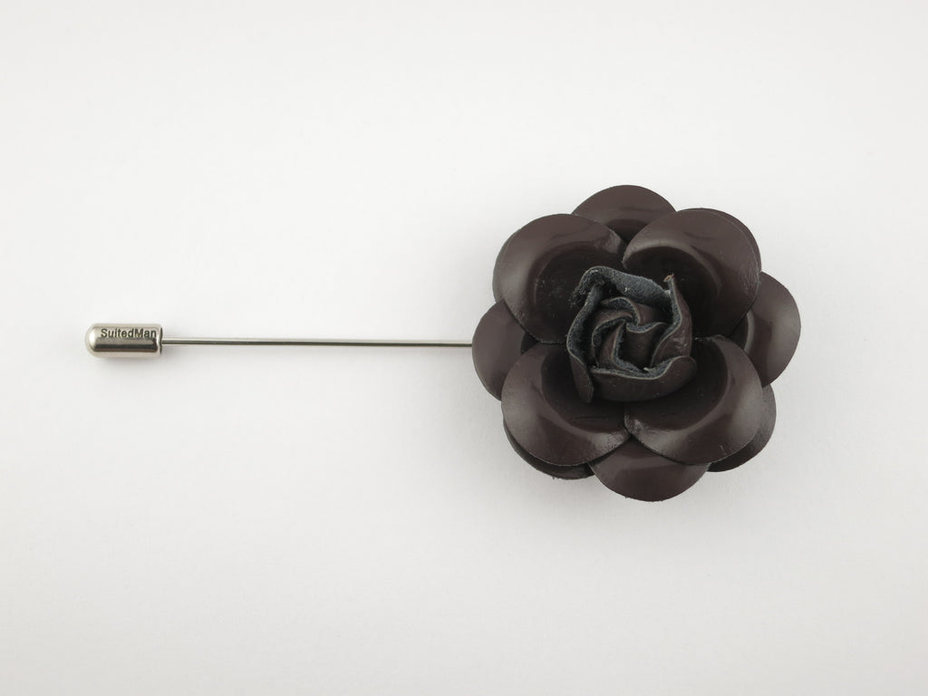 Lapel Flower, Patent Leather Camellia, Chocolate - SuitedMan