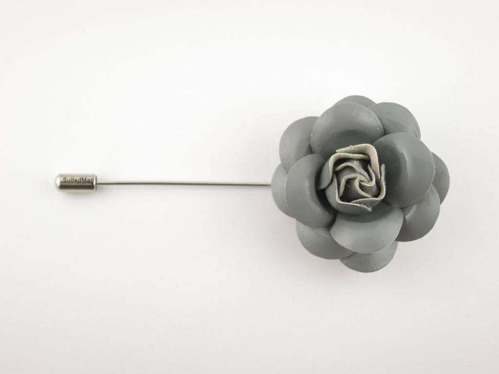 Lapel Flower, Patent Leather Camellia, Gray - SuitedMan
