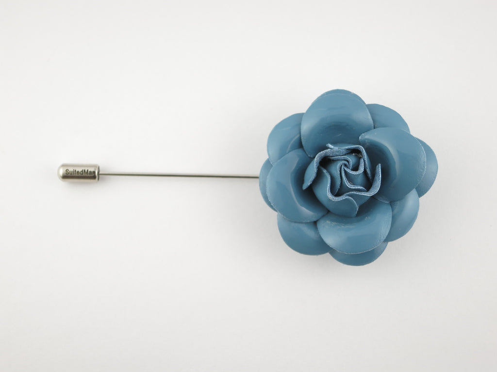 Lapel Flower, Patent Leather Camellia, Powder Blue - SuitedMan