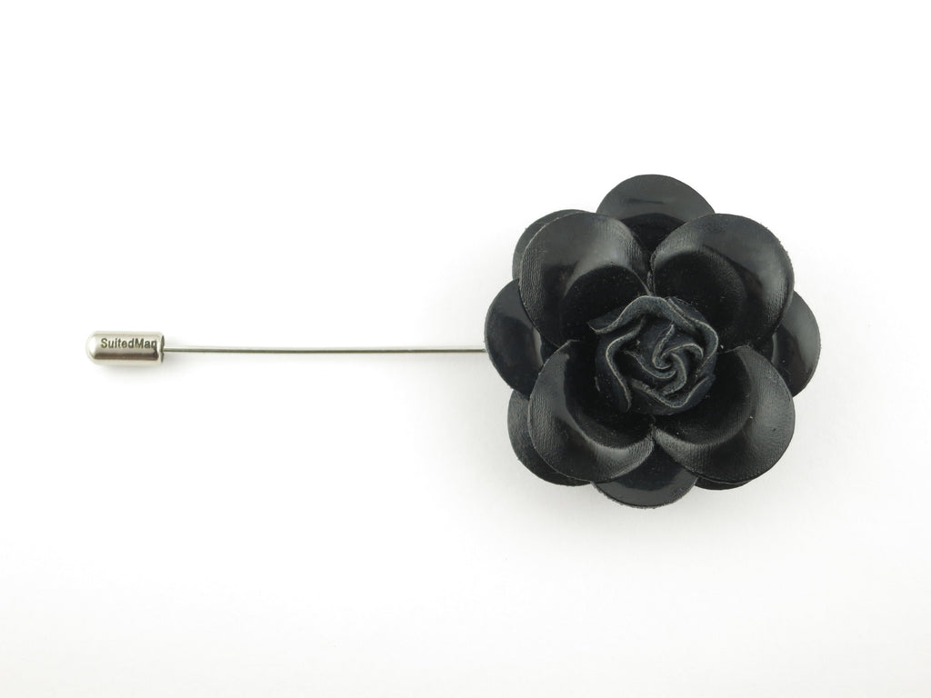 Lapel Flower, Patent Leather Camellia, Black - SuitedMan