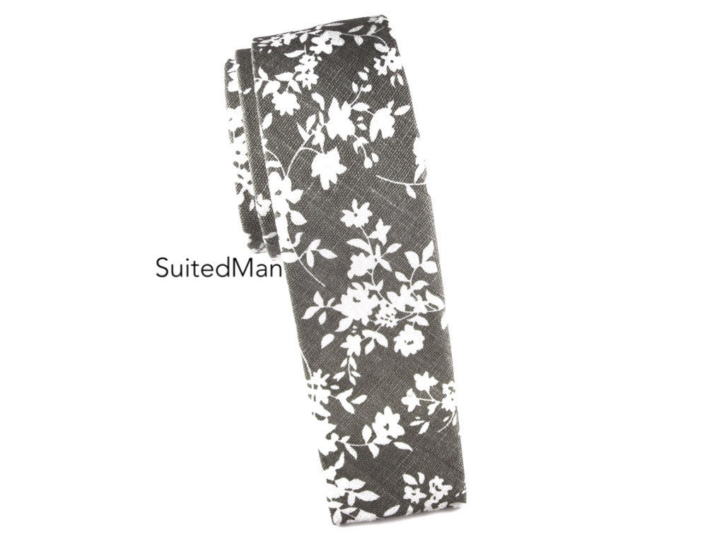 Floral Tie, Gray Floral, Flat End - SuitedMan