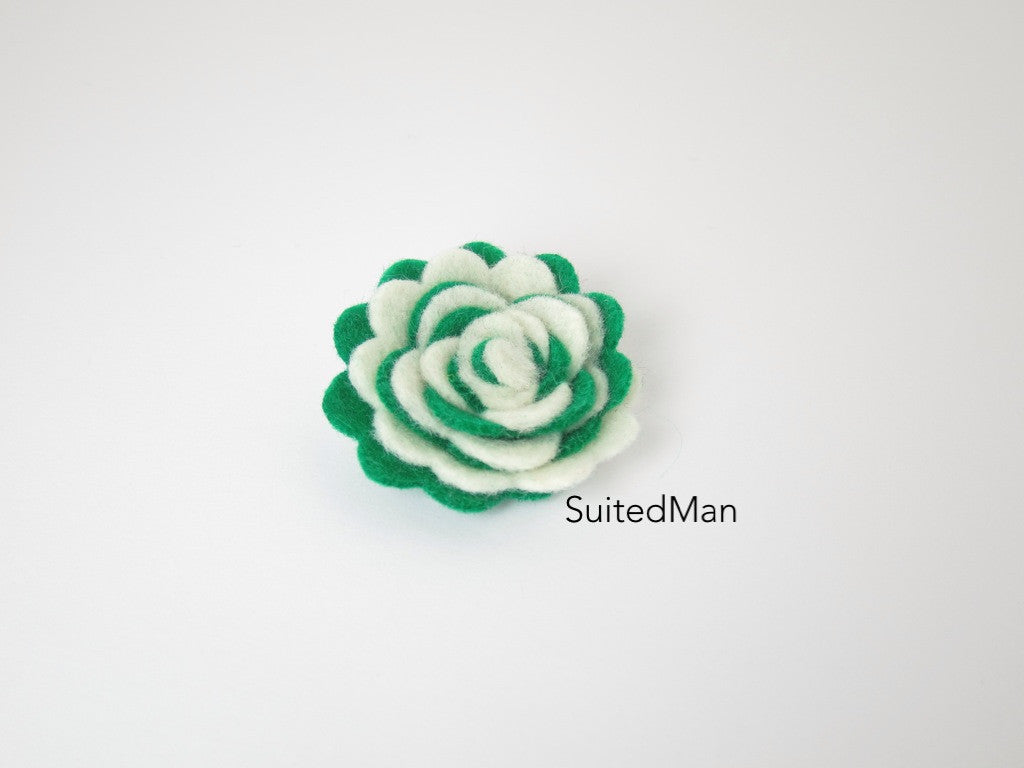 Lapel Flower, Felt, Two Tone, Cream/Emerald Green Colorway - SuitedMan