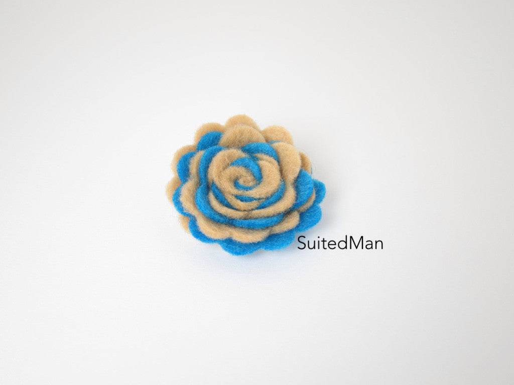 Lapel Flower, Felt, Two Tone, Mocha/Aqua Blue Colorway - SuitedMan