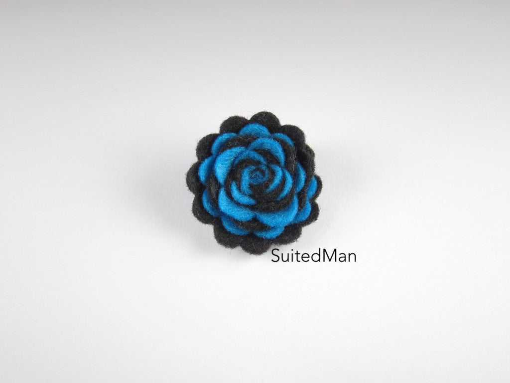 Lapel Flower, Felt, Two Tone, Black/Aqua Blue Colorway - SuitedMan