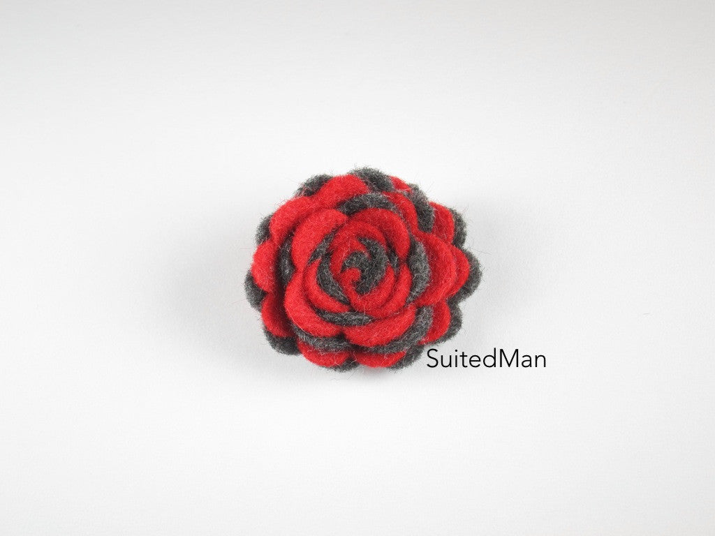 Lapel Flower, Felt, Two Tone, Red/Dark Grey Colorway - SuitedMan