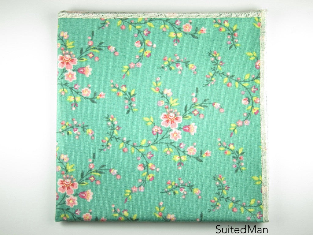 Pocket Square, Pink Cherry Blossom with Cream Embroidered Edge - SuitedMan