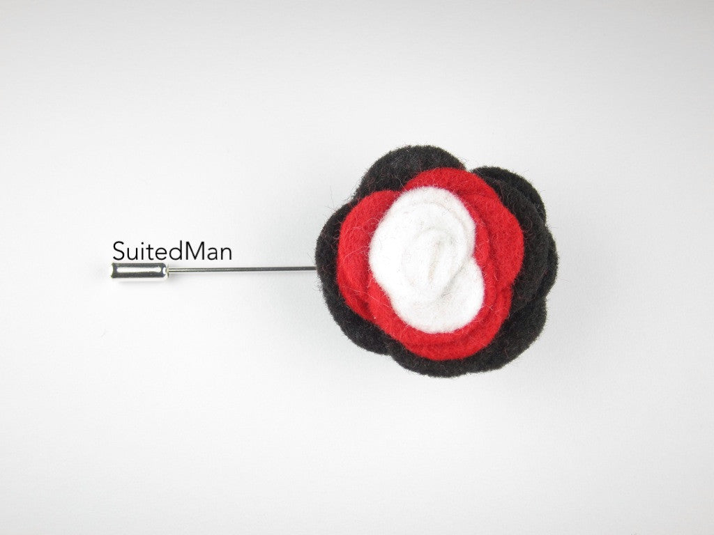 Pin Lapel Flower, Felt, Colorblock, Black/Red/White - SuitedMan