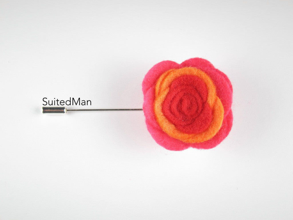 Pin Lapel Flower, Felt, Colorblock, Neon Pink/Tangerine/Red - SuitedMan