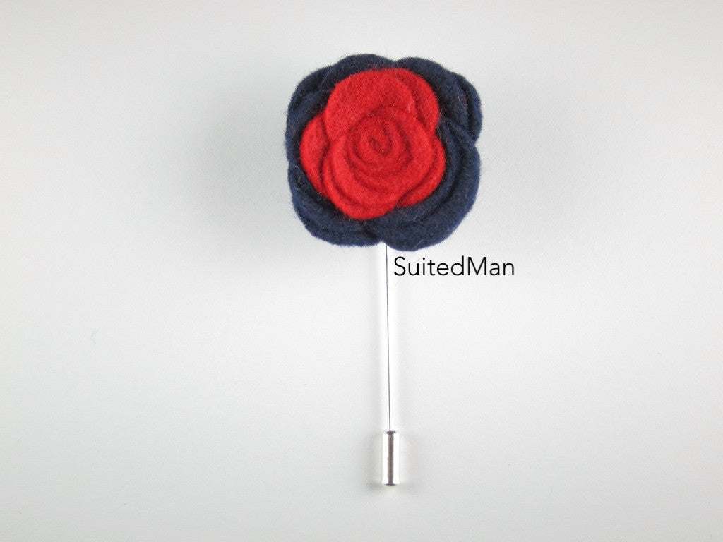 Pin Lapel Flower, Felt, Colorblock, Midnight Blue/Red - SuitedMan