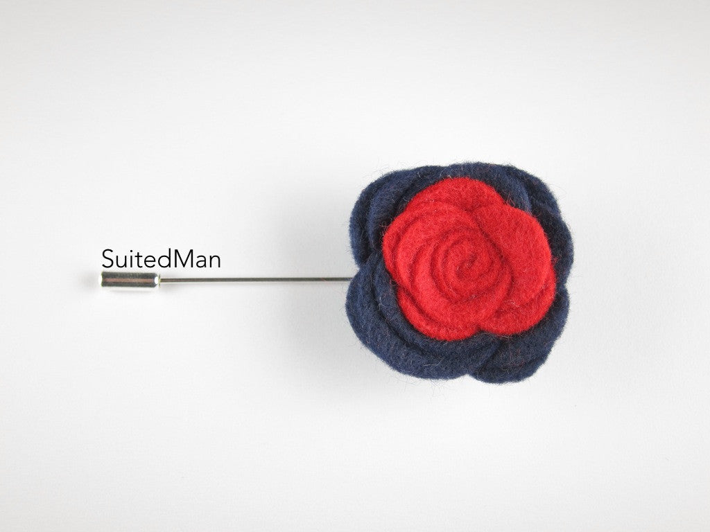 Pin Lapel Flower, Felt, Colorblock, Midnight Blue/Red - SuitedMan