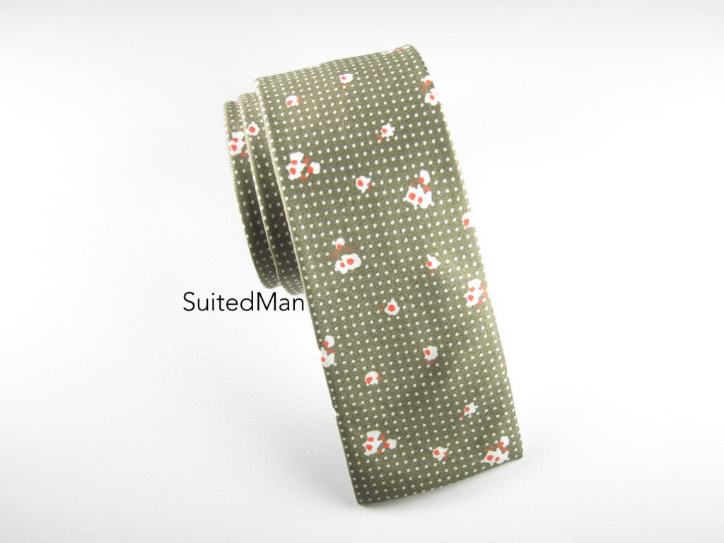 Floral Tie, Pindot Cherry Blossom, Olive Flat End - SuitedMan