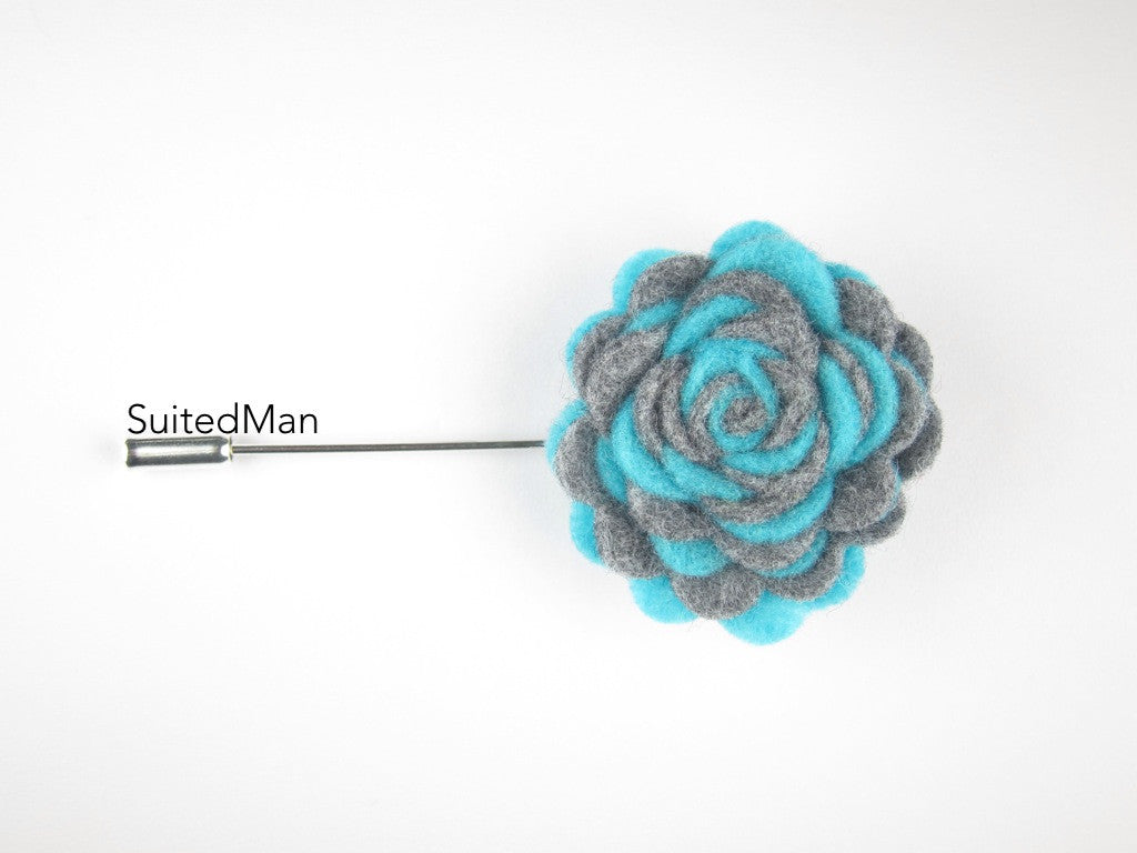 Pin Lapel Flower, Felt, Colorway, Caribbean Blue/Heather Grey - SuitedMan
