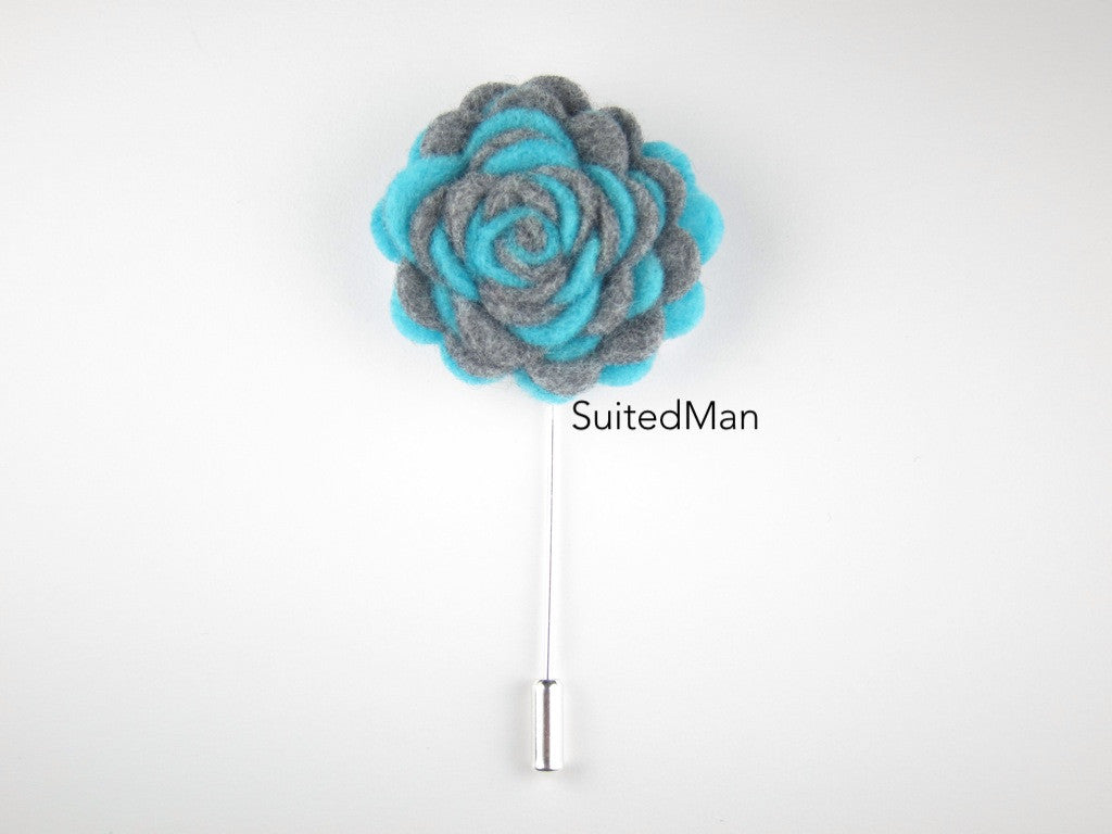 Pin Lapel Flower, Felt, Colorway, Caribbean Blue/Heather Grey - SuitedMan